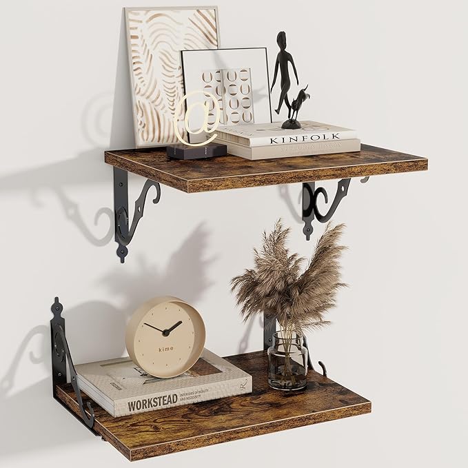 Deep Floating Shelves, 16" W x 12" D Wall Shelves Set of 2, Wide Display Shelf Wall Mounted with Brackets, Bookshelf for Living Room, Bathroom, Bedroom, Rustic Brown