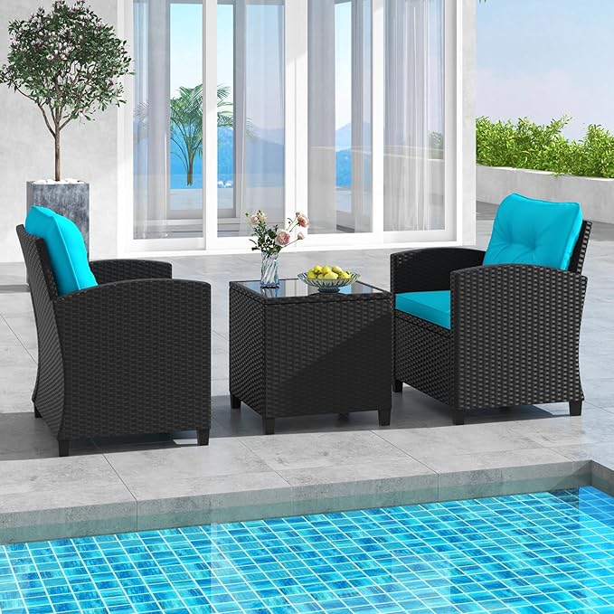 RELAX4LIFE 3-Piece Patio Furniture Set - Wicker Rattan Bistro Sofa Set w/Glass Top Coffee Table, Washable Cushions for Porch Balcony Backyard Poolside, Outdoor Furniture Conversation Set (Turquoise)