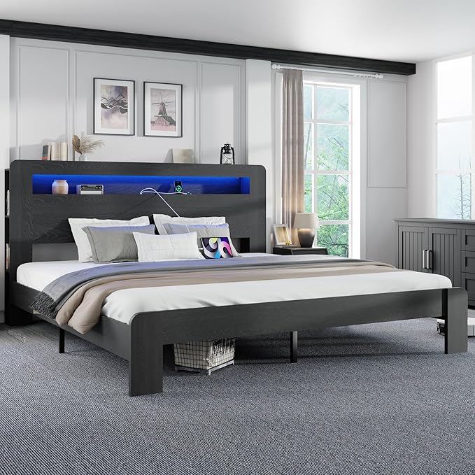 King Size Wooden Bed Frame with Bookcace Storage Headboard, Rustic Farmhouse Bedframe with LED Lights and Charging Station, Sturdy and Stable, Slat Support, No Box Spring Required (Black, King)