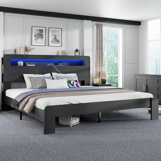 King Size Wooden Bed Frame with Bookcace Storage Headboard, Rustic Farmhouse Bedframe with LED Lights and Charging Station, Sturdy and Stable, Slat Support, No Box Spring Required (Black, King)