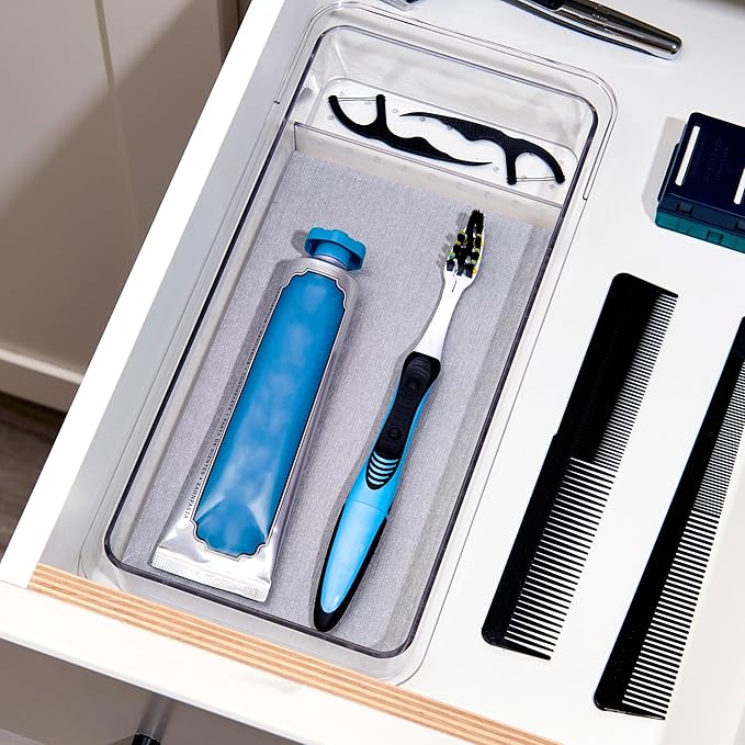 madesmart Dental Tray Drawer Organizer with Drying Stone, Clear Plastic Drawer Organizer for Toothbrush, Dental Floss, Water Flossers, Toothpaste