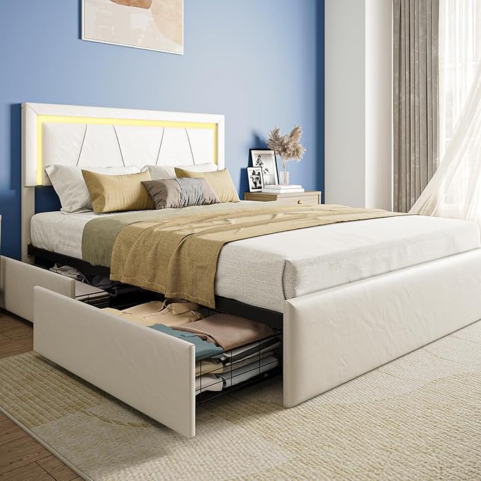 Full Size Bed Frame with Adjustable Headboard, Upholstered Platform Bed with 4 Storage Drawers, Wooden Slats Support, Built in Charging Station & LED, Noise-Free, No Box Spring Needed, Beige