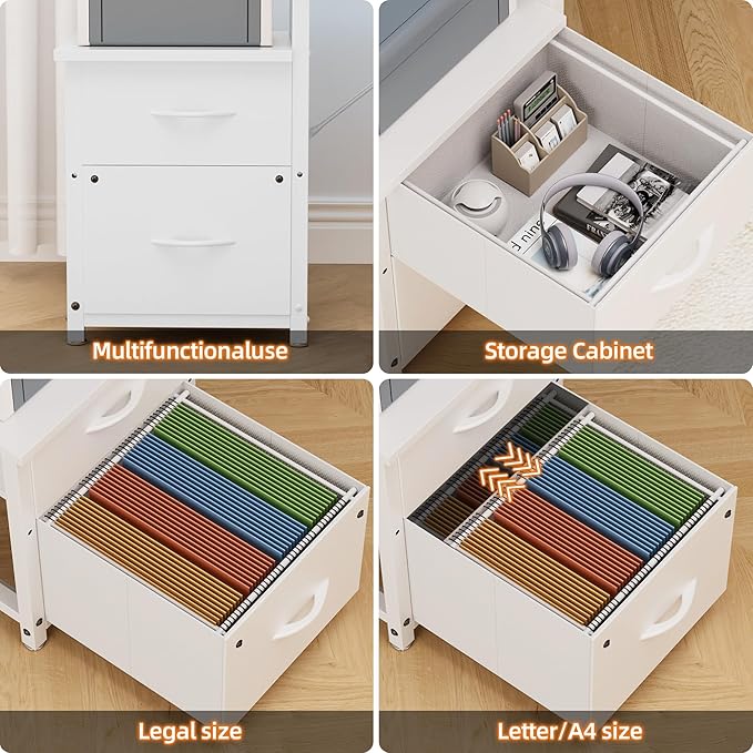 67'' L Shaped Computer Desk with Power Outlet, Large Reversible Computer Gaming Desk, Home Office Desks with File Drawers & Shelves, All White