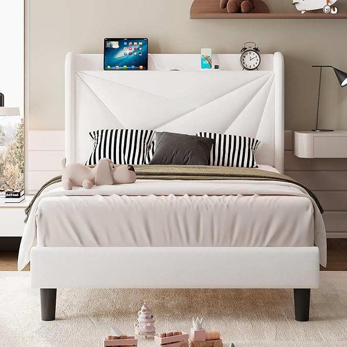 iPormis Twin Size Bed Frame with Charging Station, Velvet Platform Bed Frame with Wingback Headboard Upholstered Bedframe, Solid Wood Slats Support, No Box Spring Needed, Easy Assembly, White