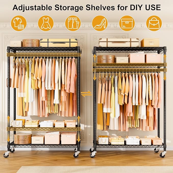 P7 Rolling Clothes Rack, Clothing Racks for Hanging Clothes, Heavy Duty Garment Rack with Wheels, 3 Tiers Freestanding Portable Closet Rack 45''W × 20.5''D × 80.5''H, Max Load 480 lbs, Black