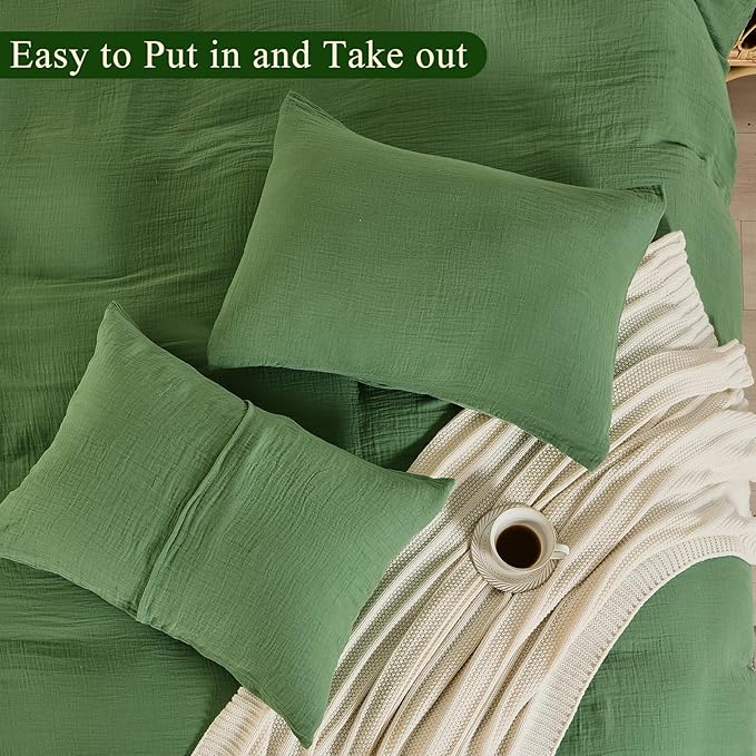 MEISHANG Muslin Duvet Cover King Size - 100% Organic Cotton, Soft Textured Gauze Weave Comforter Cover for Breathable All-Season with Zipper Closure - 3 Piece Set (King, Dusty Green)