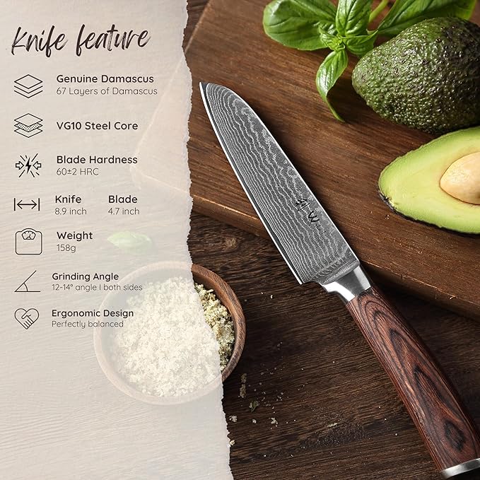 Wakoli Damascus Small Santoku Knife 5-inch - 67-Layer VG10 Core Steel, Razor Sharp Blade with Pakkawood Handle, Multi-Purpose Kitchen Knife for Meat, Vegetables & All Tasks (EDIB)