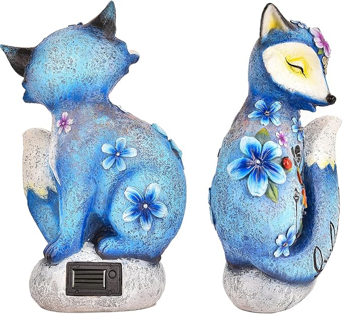 Sungmor Solar Garden Statue Fox Figurine with LED Lights, Solar Powered Resin Sculpture Yard Lawn Ornaments, Hand-Painted Outdoor Figurine Lights Decorations, Housewarming Gift
