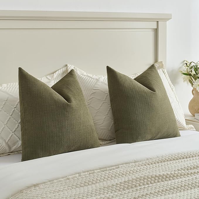 FUTEI Olive Green Decorative Throw Pillow Covers 18x18 Inch Set of 2,Soft Cozy Wheat Ear Striped Patterns Cushion Cases,Modern Home Decor for Couch Bed Living Room