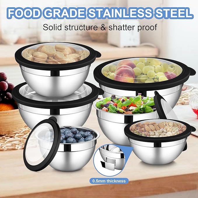 LIANYU Stainless Steel Mixing Bowls Sets of 6, Large Metal Nesting Bowl Sets for Home Kitchen, 7, 3.5, 2.5, 2, 1.5, 1QT Size with Transparent Airtight Lids, Dishwasher & Freezer Safe, Black