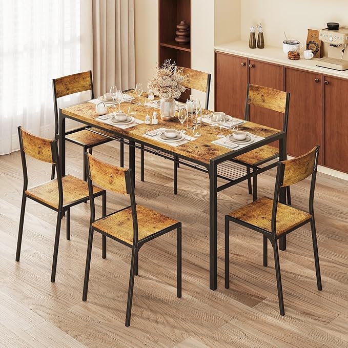 Gizoon Dining Table Set for 6 with Chairs, 7-Piece Kitchen Table Set for Small Space, Apartment, Kitchen, Dining Room, Space-Saving