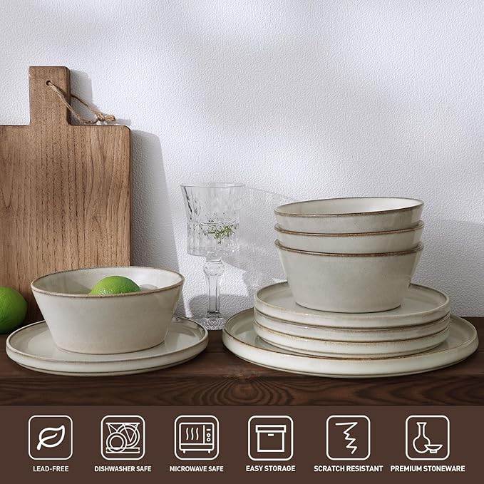 Famiware Annecy Dinner Plates and Bowls Sets, Stoneware Dinnerware Sets, Dishes Set for 6, 18 Pieces Handmade Dishware Set - Microwave & Dishwasher Safe, Double Reactive Glaze Tableware, Grey-White