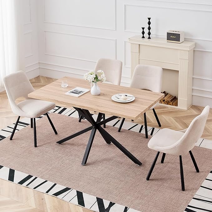 55.1 Inch Dining Table for 4 6 People Rectangular Wooden Kitchen Tables Mid Century Modern Dinner Table Long Dinning Room Table with Metal Cross Legs for Kitchen Living Room Comedor(Natural)