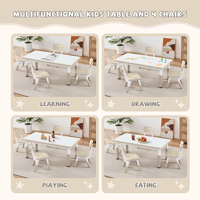 Adjustable Kids Table Chairs Set – Graffiti Desktop, Multi-Activity Height-Adjustable Toddler Study Desk for Ages 3-8 – Ideal for Home, Classroom, Daycare (B-Wood, 4 Chairs-47.2" L x 23.6" W)