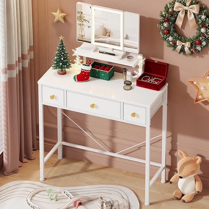 Small Makeup Vanity Desk 27.5''W with Mirror and Lights, Vanity Desk with 3 Fabric Drawers and Height-Adjustable Stand, Vanity Table for Girls Gifts, Bedroom and Small Spaces, White