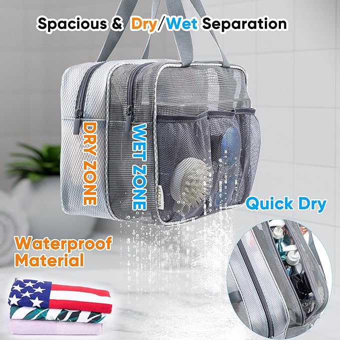 Large Mesh Shower Caddy with Wet & Dry Zones – Portable Hanging Toiletry Bag for College Dorm Room Essentials, Travel, Gym, Camping, Beach Tote Bag – Quick-Dry Shower Tote Organizer