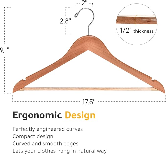 Quality Wooden Hangers - Semi Contoured Hanger Set in 20-Pack - Solid Wood Coat Hangers with Stylish Chrome Hooks - Heavy-Duty Clothes, Jacket, Shirt, Pants, Suit Curved Hangers (Natural, 20)