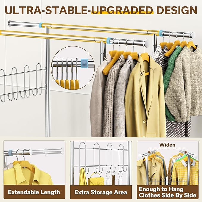 100% Stainless Steel Heavy Duty Clothes Rack, Load 960LBS, Double Rod, Extendable Rolling Garment Rack with Shelves, Modern Style, Recommended for Clothes & Accessories