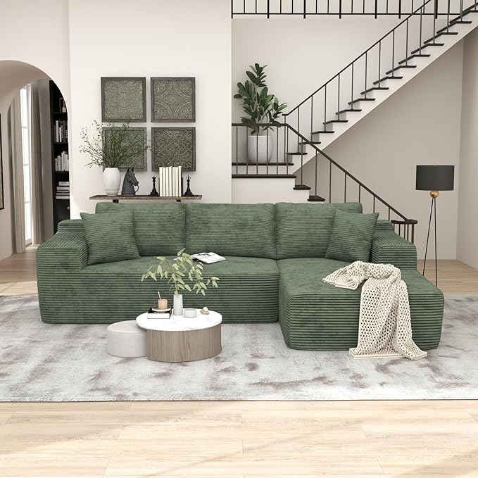 OC Orange-Casual 106.3" Cloud Sectional Couch with L-Shape Chaise,No Assembly Required Modular Sofa,Upholstered Boneless Couches for Living Room, Plush Corduroy Fabric (Green, Right Facing Chaise)