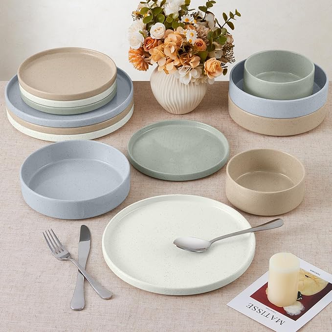 E-far Dinnerware Sets for 8, 24-Piece Stoneware Plates and Bowls Dish Set, Modern Kitchen Dinning Dishware, Chip and Scratch Resistant, Microwave & Dishwasher Safe, Speckled Multicolor