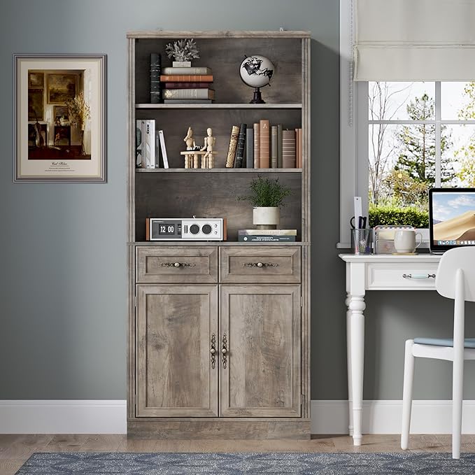 71.4" Tall Bookshelf with Drawers & Cabinet, 5-Tier Floor Standing Bookcase with Storage Doors, Adjustable Shelves & Metal Handles, 31.5" Wide Organizer for Home Office, Living Room