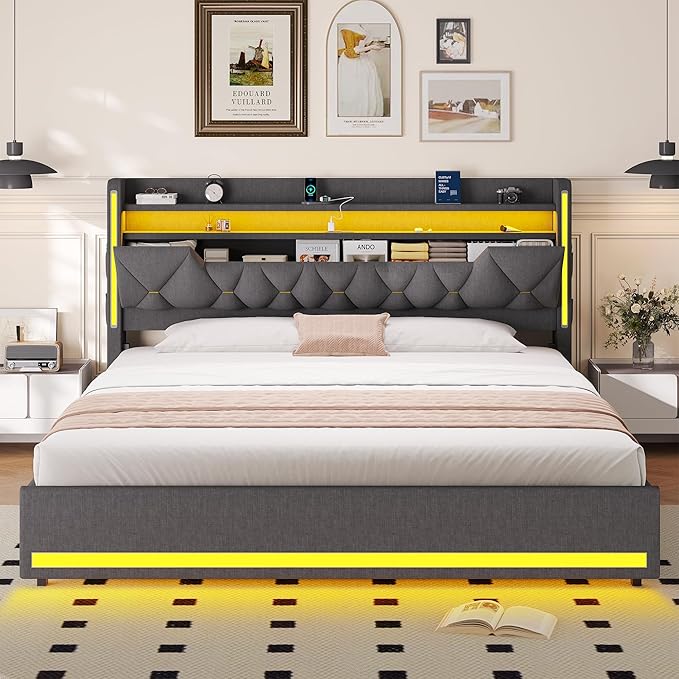 California King Bed Frame, Platform Bed Frame with Storage Headboard and LED Lights, Upholstered Headboard & Charging Station,Metal Support,No Box Spring Needed, Noise-Free, Easy Assembly, Gray