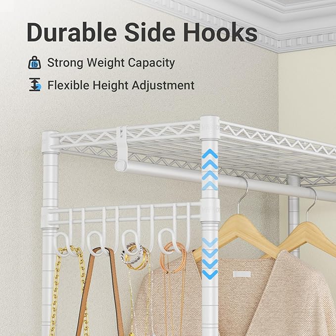 VIPEK V4C Heavy Duty Adjustable Clothing Rack, White Metal Closet Rack with Grey Cover, 57.9" L x 17.3" W x 76.4" H, 3 Hanging Rods & Side Hooks, Portable Closet