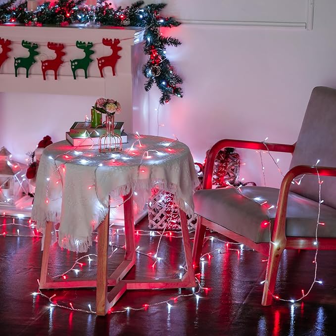 JMEXSUSS 500 LED Red and White Christmas Lights, 8 Modes 163ft String Lights Plug in with Remote Control, Clear Wire Christmas String Lights Outdoor Waterproof for Outside Tree Yard Wedding