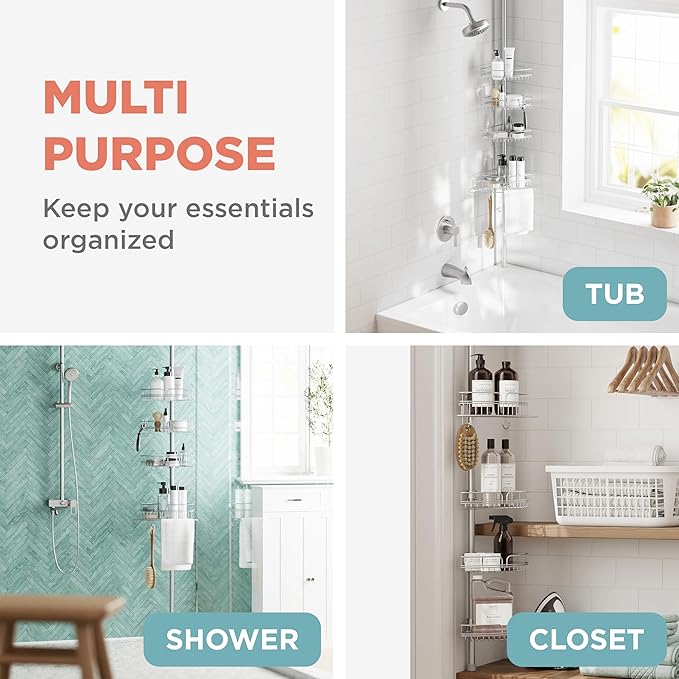 Zenna Home Tension Pole Shower Caddy Corner Organizer, Adjustable Standing Shower Caddy with 4 Baskets and Built in Towel Bar, Rust Resistant Bathroom Tension Rod Organizer, 60 to 97 Inch, Chrome