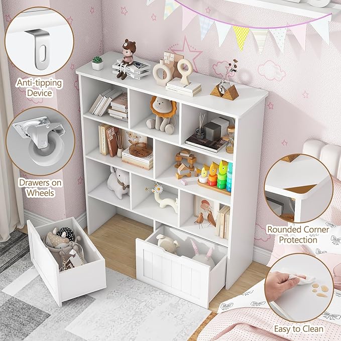 Toy Storage Organizer with Bookshelf, Large Toy Organizers and 2 Movable Drawers with Hidden Wheels and 8 Storage Cubbies, Kids Bookshelf and Toy Storage Chest, Playroom Furniture, White