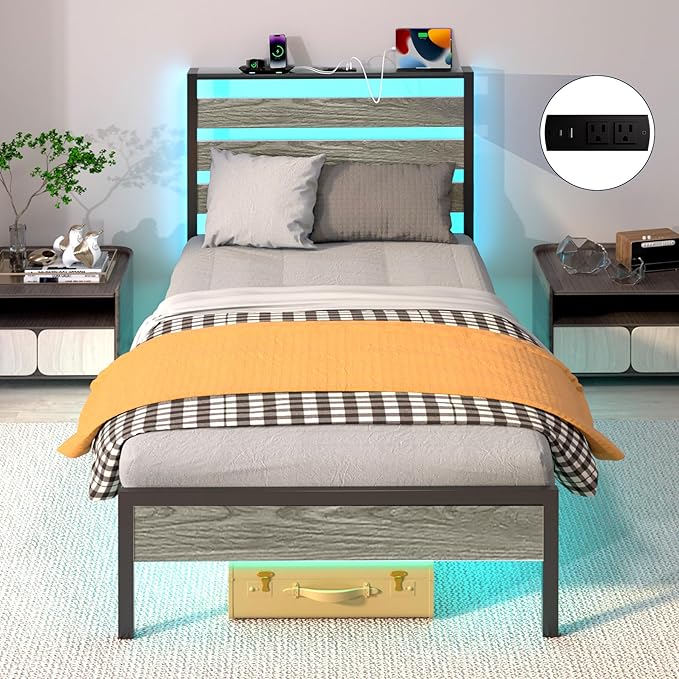 Twin Bed Frame with LED Lights & Charging Station, Metal Platform Bed with Headboard, Heavy Duty Metal Slats, No Box Spring Needed, Noise Free, Easy Assembly