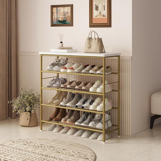 Shoe Rack Organizer 5 Tier for Closet Entryway Free Standing Metal Storage Shoe Shelf with MDF Top Board，Gold