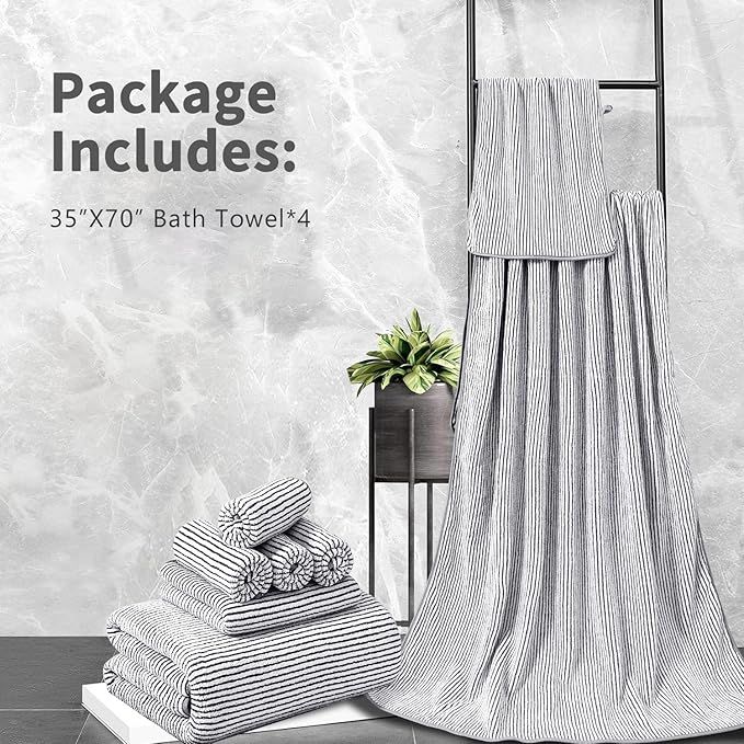 4 Piece Bath Towel Set 35"x70"Oversized Bath Towel for Bathroom Ultra Soft Fluffy Extra Large Bath Sheet Luxury Premium Bathroom Towel Highly Absorbent Quick Dry Shower Towel for Hotel Spa,Black White