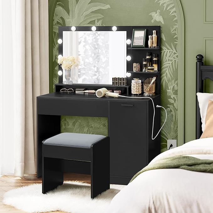 VASAGLE Vanity Desk with Mirror and Lights, 43.3-Inch Wide Makeup Vanity with Upholstered Vanity Stool, Power Outlets, Dimmable LED Lights, Storage Drawer, for Bedroom, Ink Black URDT628B01