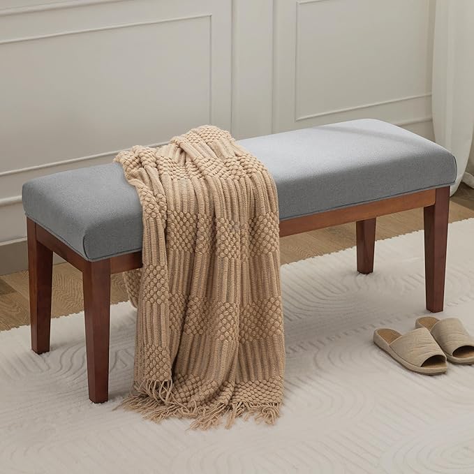 43.5'' Linen Bedroom Bench, Upholstered End of Bed Bench, Padded Vintage Dining Bench, Entryway Bench with Solid Wood Legs, Kitchen, Living Room, Hallway, Light Grey