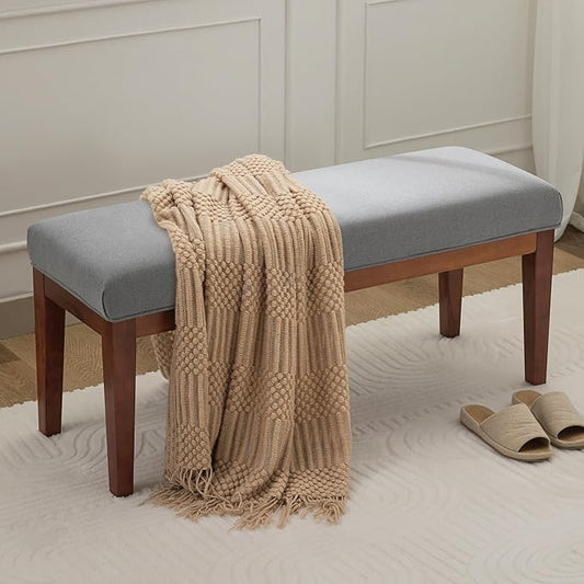 43.5'' Linen Bedroom Bench, Upholstered End of Bed Bench, Padded Vintage Dining Bench, Entryway Bench with Solid Wood Legs, Kitchen, Living Room, Hallway, Light Grey