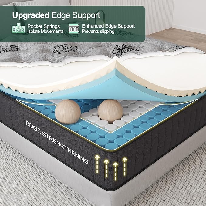 King Mattress, 9 Inch Hybrid Mattresses Bed in a Box with Gel Memory Foam & Pocket Spring, Euro Top, Medium Firm for Back Support & Pressure Relief, Motion Isolation, Grey