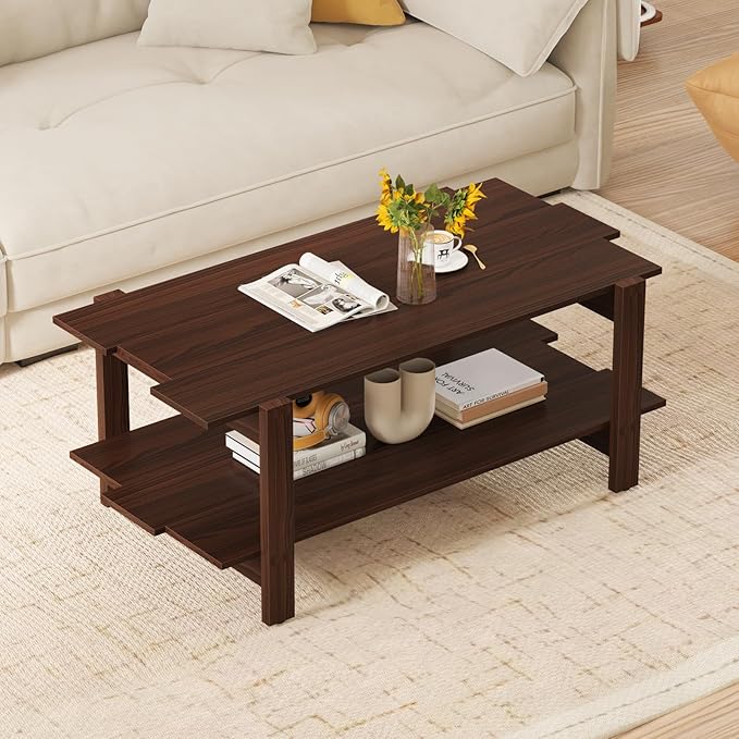 Giantex Coffee Table with Storage, 45 Inch Modern Center Table with Slatted Design & Side Rail Support, Rectangular Living Room Table for Small Spaces, Walnut