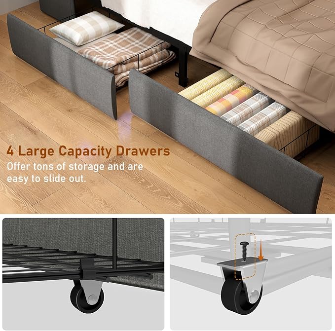 SADENICEL Queen Bed Frame with Storage Headboard, Metal Platform Bed Frame Queen Size with 4 Drawer, LED Light, Charging Station, No Box Spring Needed, Noise Free, Easy Assembly, Grey