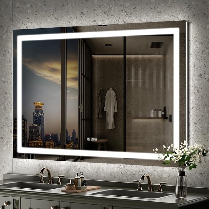 LED Mirror for Bathroom, 60x40 Inch Backlit + Front Lighted Bathroom Vanity Mirror with Lights for Wall, Double Light Strips, 3 Colors, Shatter-Proof, Anti-Fog and Brightness Memory