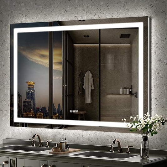 LED Mirror for Bathroom, 60x40 Inch Backlit + Front Lighted Bathroom Vanity Mirror with Lights for Wall, Double Light Strips, 3 Colors, Shatter-Proof, Anti-Fog and Brightness Memory
