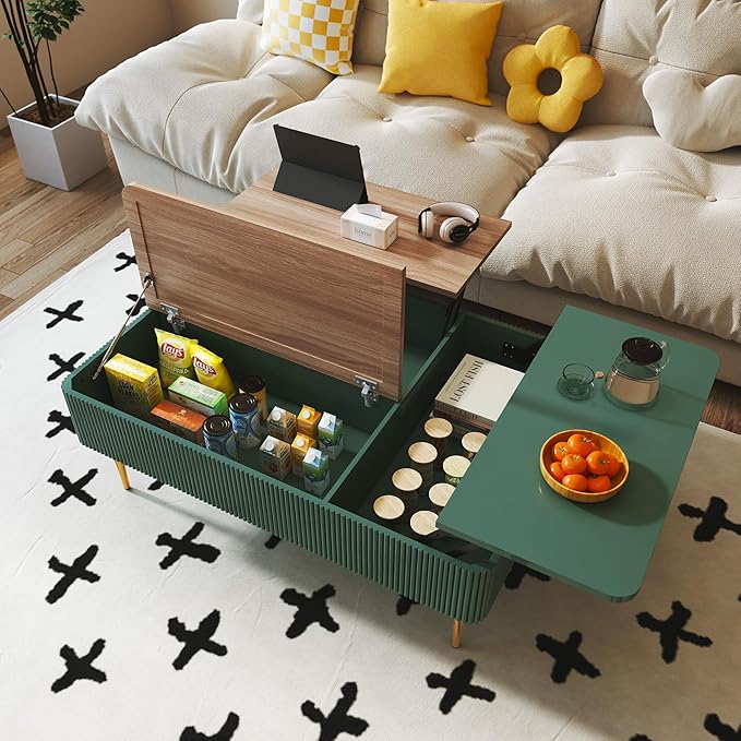 HLR 47" Dual Lift Top Coffee Table with Storage, Modern Wood Fluted Coffee Table with Hidden Compartment for Living Room, Office, Green