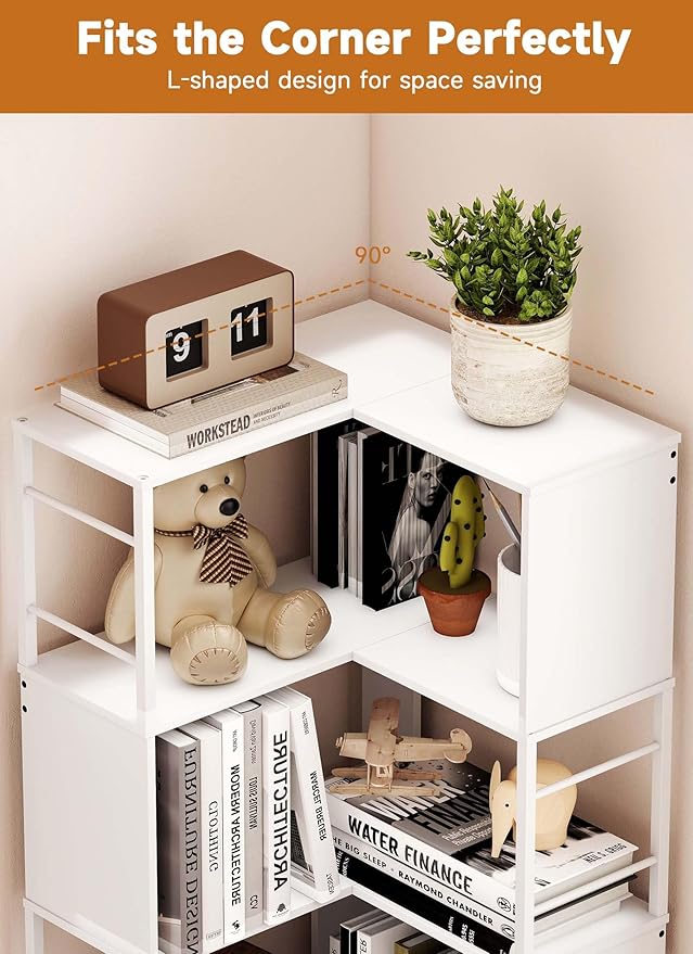 Baoz 7-Tier Corner Shelf- L Shape Corner Bookshelf with Storage- Wood Metal Bookcase Open Floor Stand Shelf Tall Decorative Display Storage Organizer in Living Room/Bedroom/Home/Office (White)