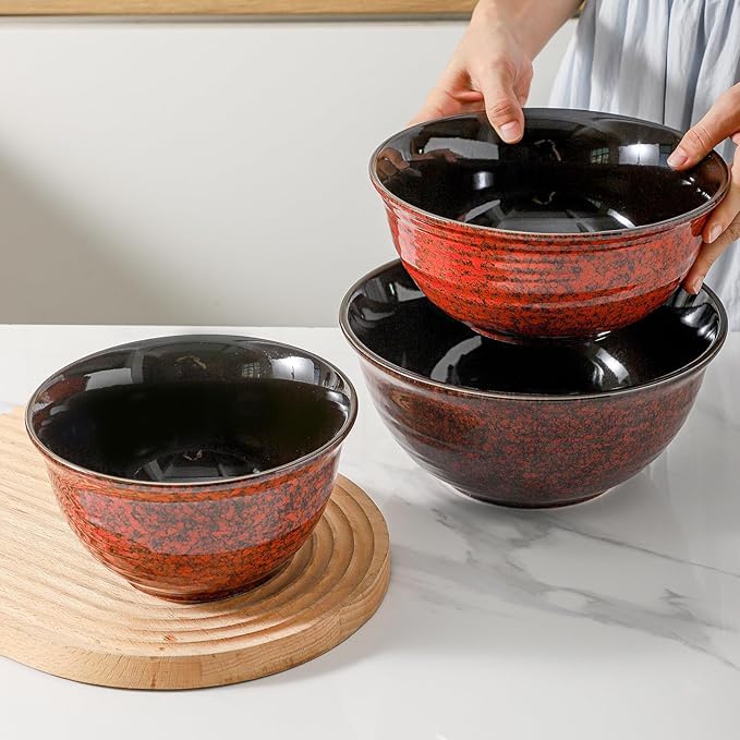 Hasense Mixing Bowls Set of 3, Procelain Serving Bowls Set for Cooking, Baking, Large Nesting Bowls for Salads, Fruit, 2.1/1.5/1.0 Qt, Dishwasher & Microwave Safe, Red