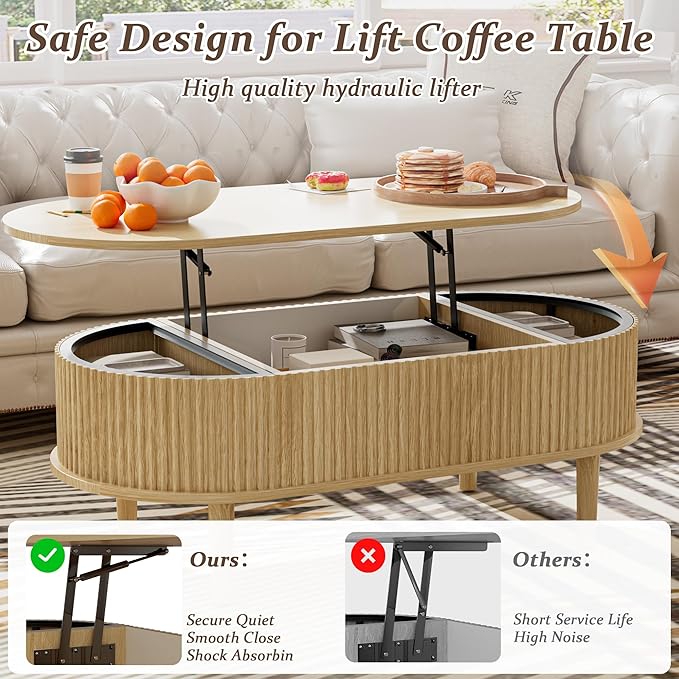 EAG Fluted Lift Top Coffee Table with Hidden Compartment, Modern Oval Coffee Table with Storage, Fully Wood Center Table for Living Room, Office, Natural