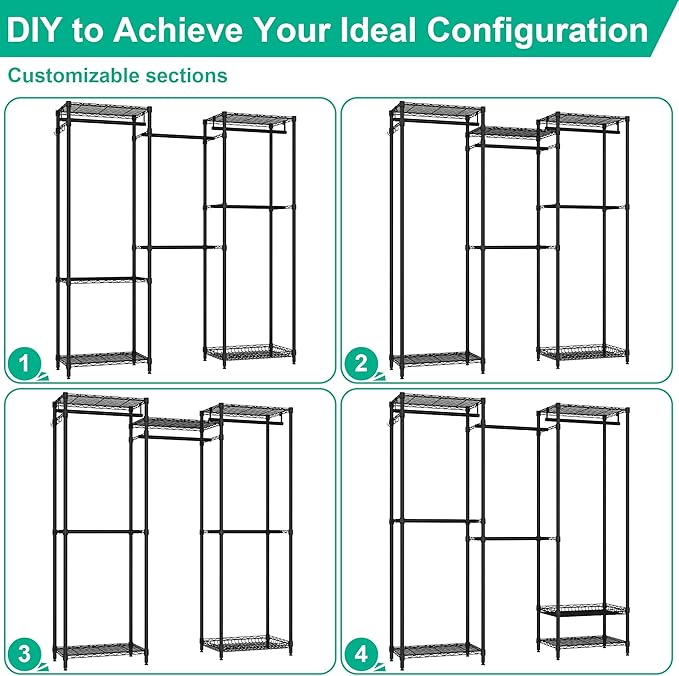 Freestanding Closet System, Large Free Standing Closet Rack Organizer for Hanging Clothes Adjustable Metal Wire Clothing Rack with 5 Shelves & 5 Rods, Black