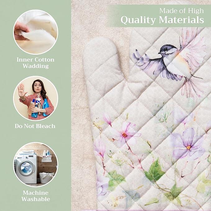 Maison d' Hermine Oven Gloves 100% Cotton Oven Mitt 7" x 13" with Loop Heat Resistant, BBQ, Cooking Gloves, Baking, Grilling, Kitchen, Handling Hot Pans Spring/Summer (Pack of 1, Magnolia Mornings)