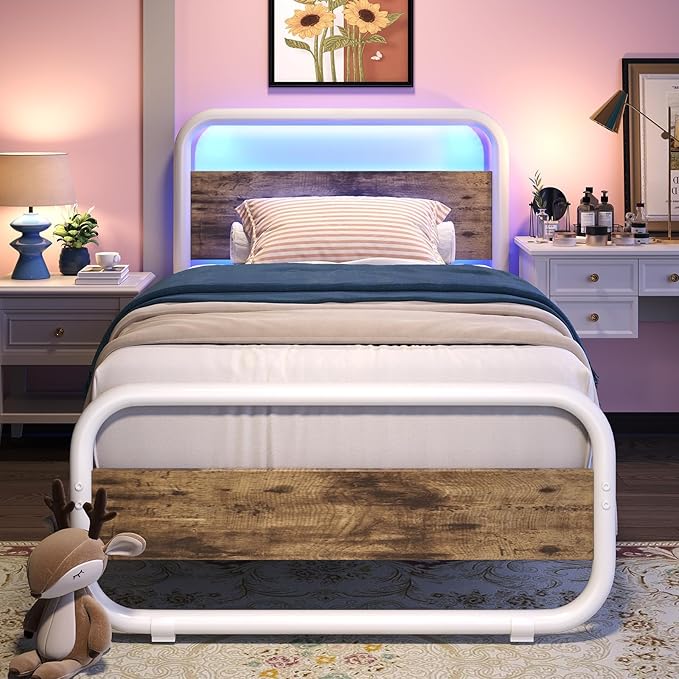 Catrimown Twin Size Bed Frame, Twin Size Platform Bed Frame with LED and Wood Headboard, Metal Rustic Bed Frame with Under Bed Storage, Noise Free, No Box Spring Needed, Easy Assembly, White