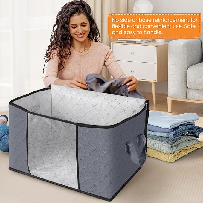 Fab totes 90L Clothes Storage, Foldable Thick Fabric Blanket Storage Bags, Containers for Organizing Bedroom, Closet, Clothing, Comforter, Organization with Handle (8 Pack,Grey)