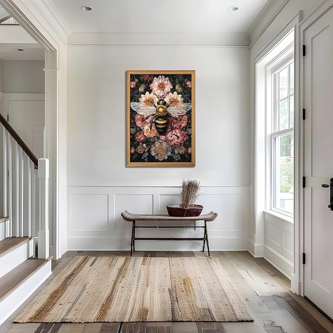 Framed Vintage 3D Textured Wall Art - Dark College Bee Flowers Wall Decor - Hand Drawn Sandstone Nature Botanical Pictures for Living Room Bedroom Home Decor 24x36in